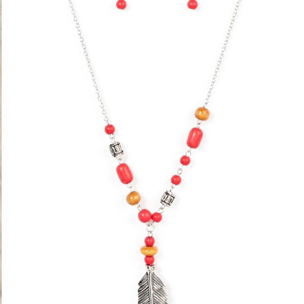 Paparazzi Red and Gold Beaded Necklace with Feather Pendant